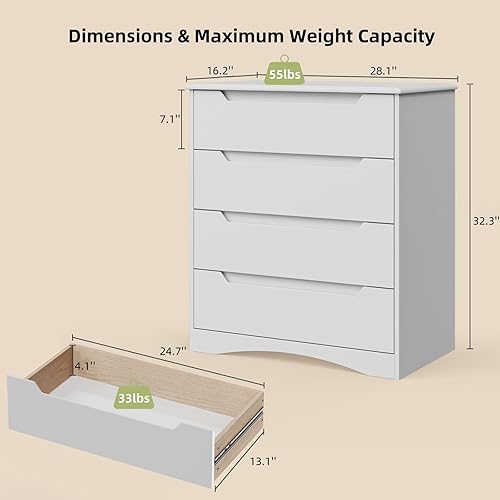 Miniatura 2 de Bealife Cómoda para dormitorio, cómoda de 4 cajones cajonera con dispositivo antitropiezos, cómoda blanca para armario con asas empotradas,
