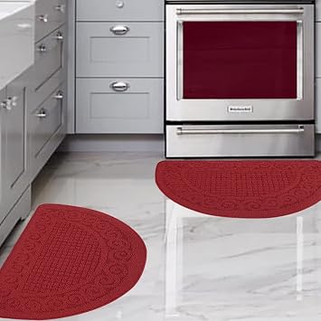 Kitchen Rugs Mats for Floor 2 Piece 18X30, Non Slip Washable Kitchen Mat, Absorbent Standing Throw Rug,Half Circle Carpet for Front of Sink,Laundry Room,Entryway, Red