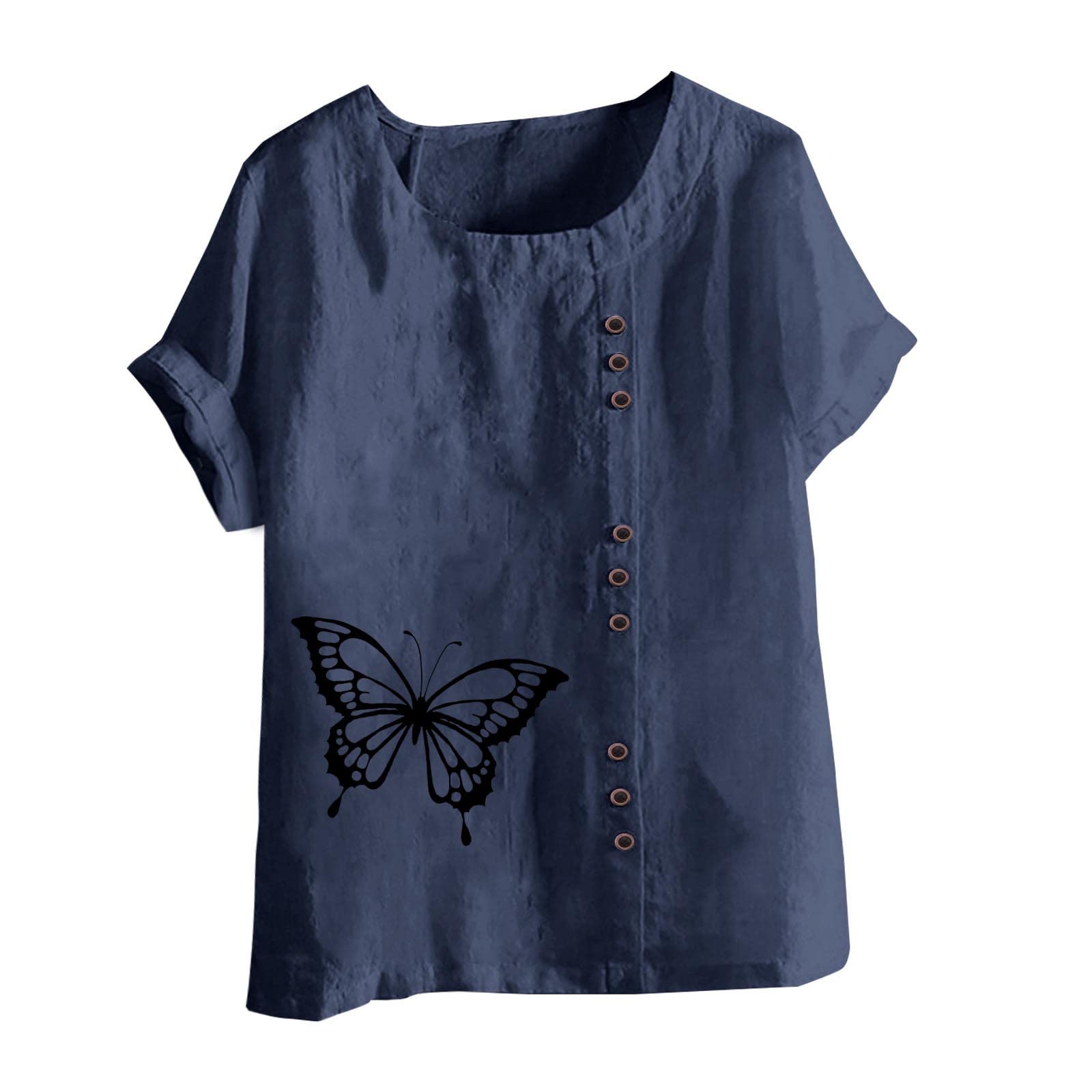 Plus Size Tops for Women Dandelion Pattern T-Shirt Tee Cotton Linen Short Sleeve Shirts Blouse Solid Button Clothes