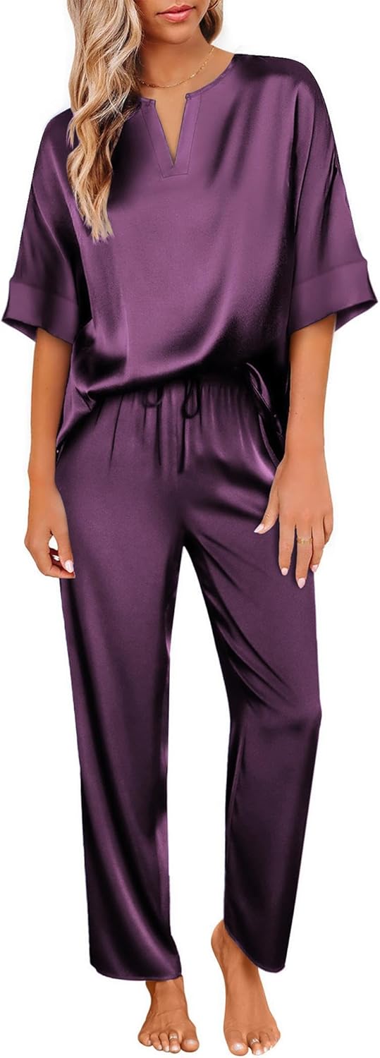 Ekouaer Satin Pajama Set Womens Silk Short Sleeve V Neck Shirt with Long Pant Soft Loungewear Pjs Set