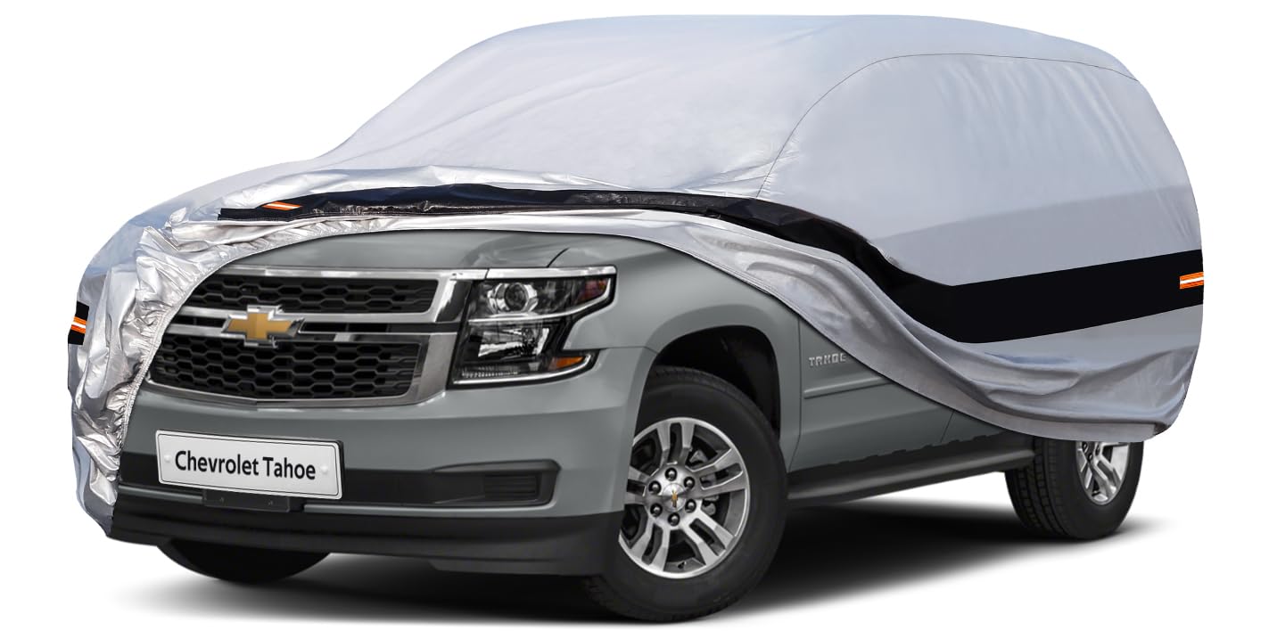 10 Layers SUV Car Cover Custom Fit for Chevrolet Chevy Tahoe (2007-2024) Waterproof All Weather for Automobiles, Outdoor Full Cover Rain Sun UV Protection.Silver