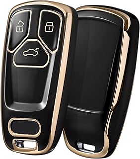 OATSBASF Car Key Case Compatible with Audi A4L A6L A8 Q5 Q7 TTS TT, Seat 3-Button Key Cover TPU Key Box (Golden Edge Black)