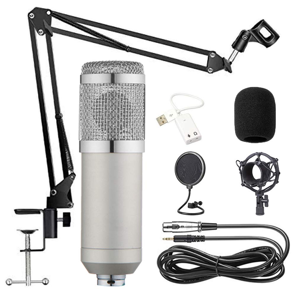 condenser microphone Kit BM-800 Mic Set gaming microphone, Podcast PC Microphone XLR to 3.5mm with Adjustable Suspension Scissor Arm, Shock Mount, for Studio Recording&Broadcasting (Silver)
