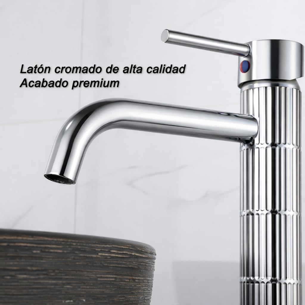 Grifo de lavabo alto monomando con cuerpo de latón, mezclador para lavabo sobre encimera, acabado cromado, cartucho cerámico duradero (Cromado, Alto) — view 3