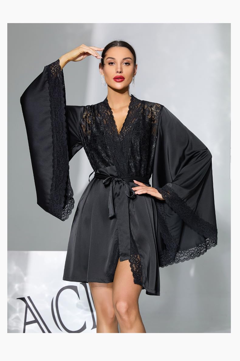 Kimono Robe Ensemble Débardeur Court en Dentelle pour Femme avec Robe en Satin
