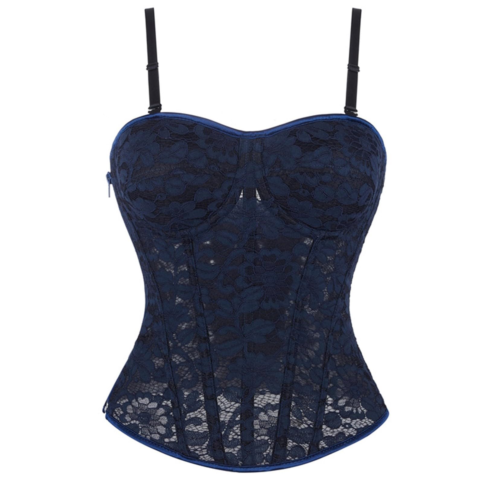 Generisch Lace Corsage Women's Straps Bustier with Zip and Bones, Push Up Corset Top, Bralettes, Babydoll, Lingerie, Curvy Undertops, Renaissance, Halloween, Sweet Goth Costumes, blue, M