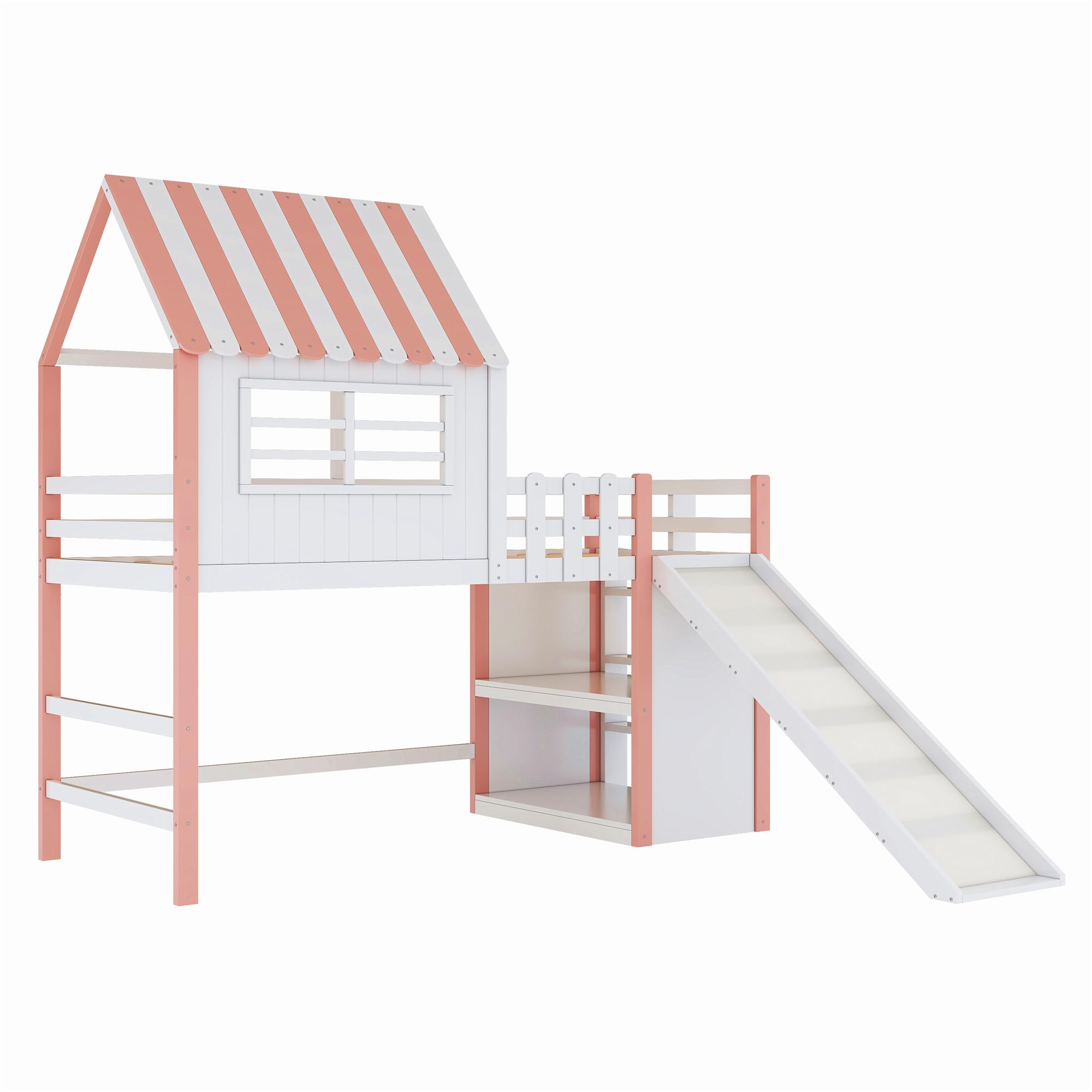Dolamaní Kinderbett Etagenbett 90x200 cm mit Stauraum Regal und Rutsche, Hochbett mit Rausfallschutz, Holzbett mit Lattenrost, Hausbett mit Dach eines Hauses ohne Matratze (Rosa)