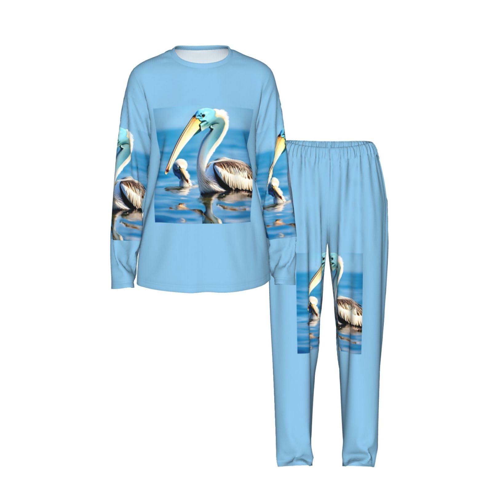 Pellicano uccello blu mare cielo stampa donna manica lunga pigiama abbinato morbido spiaggia vacanza biancheria da notte regalo casual