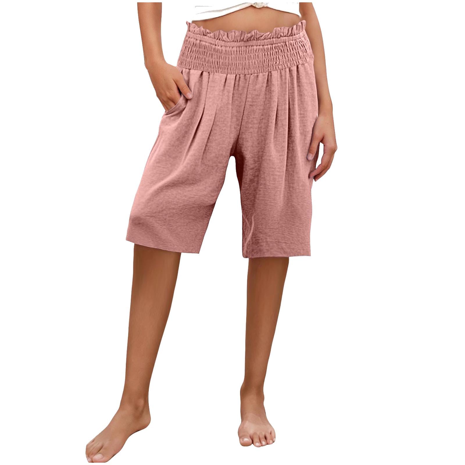 Summer Shorts for Women Ruffle Pleated Elastic Waist Half Pants with Pockets 2025 Trendy Beach Vacation Outfits(Pink,Small)