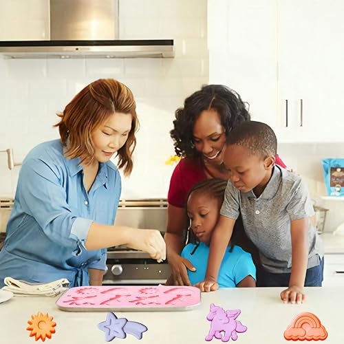 Miniatura 6 de Paquete de 2 moldes de silicona con temática de unicornio alado, 8 cavidades 3D arco iris, unicornio, sol, meteoros, herramientas de decoración para