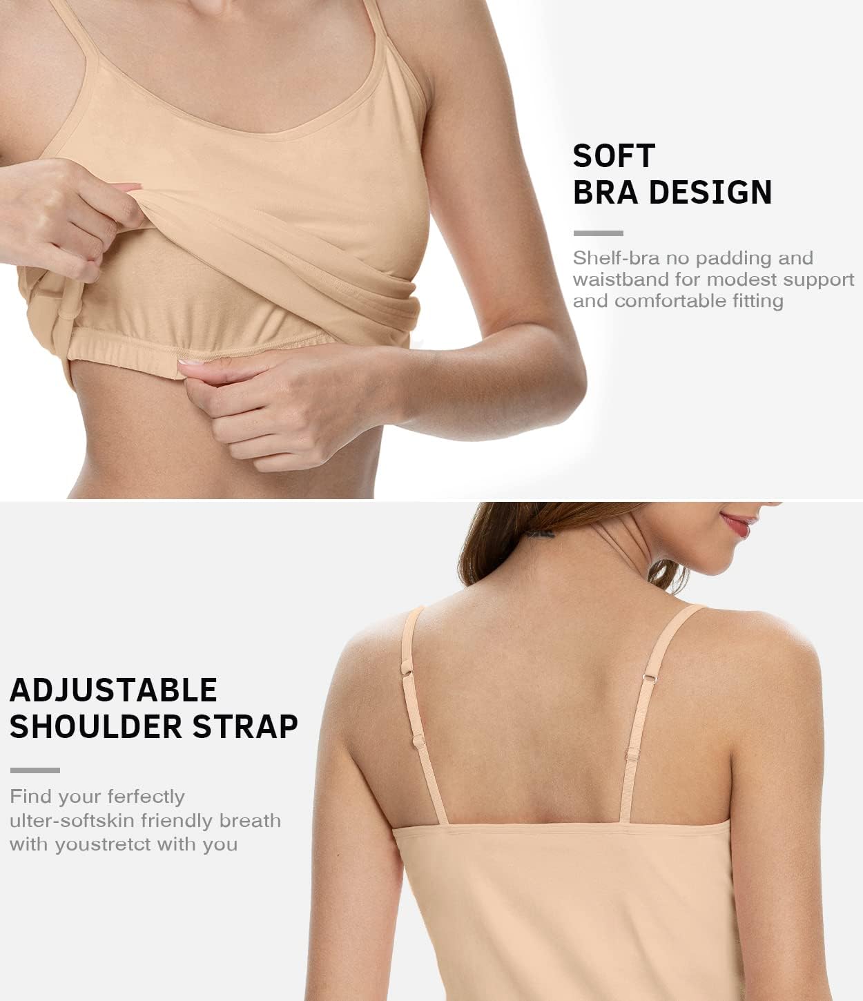 Air Curvey 3 Pack Camisole Tops for Women Built in Bra Adjustable Strap Soft Cotton Undershirt Tanks Seamless Layering Tops - Image 4