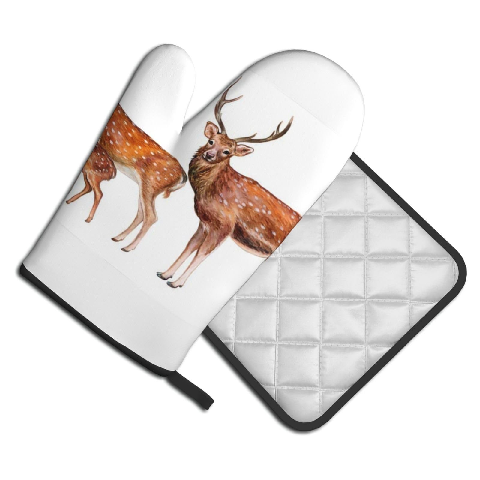 Oven Mitts and Pot Holders Set of 2 Pcs, Spotted Deer Printed Heat Resistant Kitchen Gloves Potholders for Cooking Baking Grilling