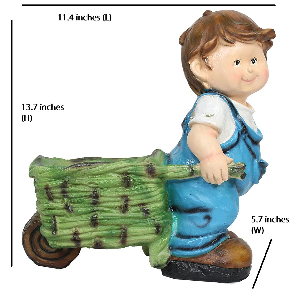 Wonderland polyresin Boy Pushing cart (Garden planters and pots) (Blue) 1