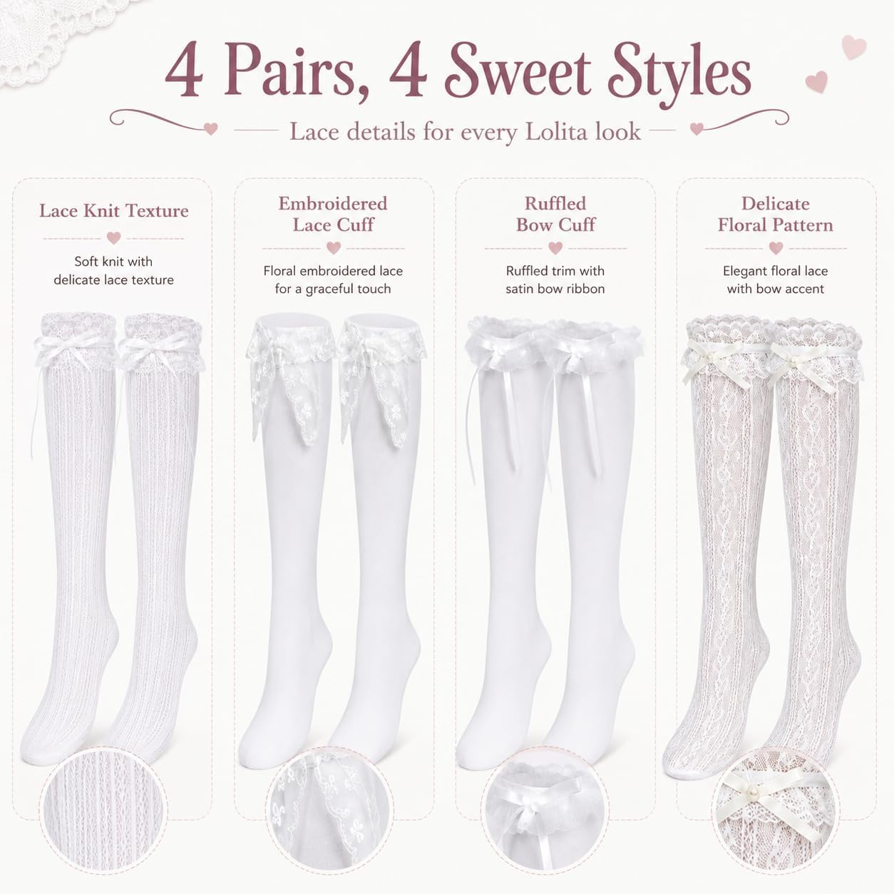 Lace Trim Knee High Socks Ribbon Bow Y2K Lolita Stockings