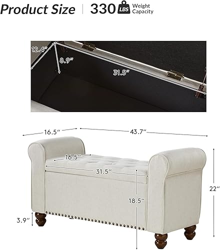 Miniatura 2 de HULALA Home Banco otomano de almacenamiento con reposabrazos enrollado, banco de cama con botones copetudos con patas de madera maciza, tapa