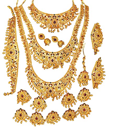 Nagneshi Art- Bridal Jewellery Set, Wedding Collection Necklace Earring, for Women-3 Neckless, 1 Pair Earring, 1 Maang Tikka, 1 Kamarband
