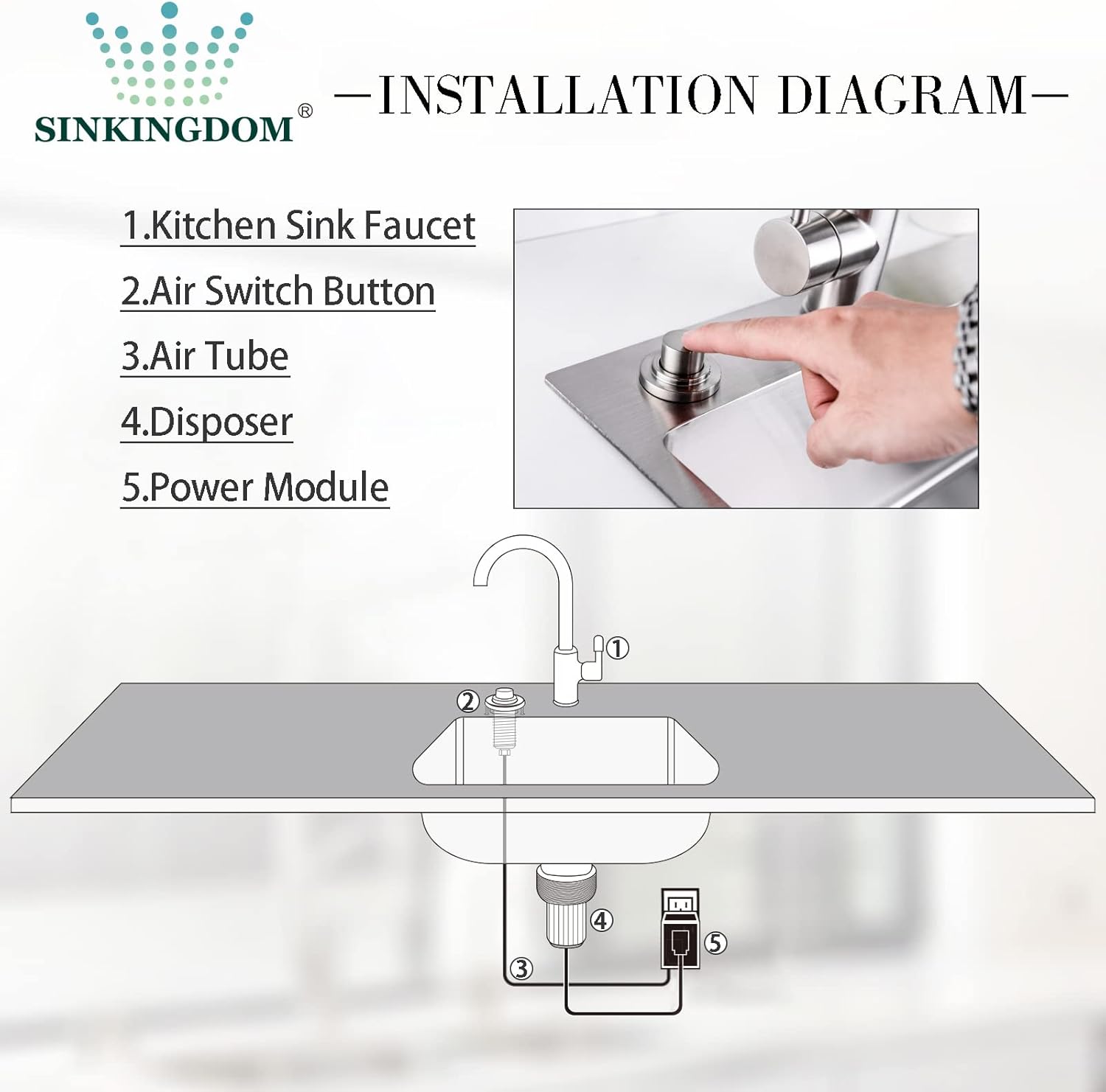 SinkTop Air Switch Kit (Long Full Brass Button) for Garbage Disposal, Cordless Brushed Nickel