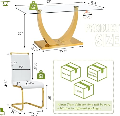 Miniatura 5 de Juego de mesa de comedor de cristal para 4, juego de mesa de comedor dorado para 4 para el hogar, mesa de comedor de 63 pulgadas con patas y base de