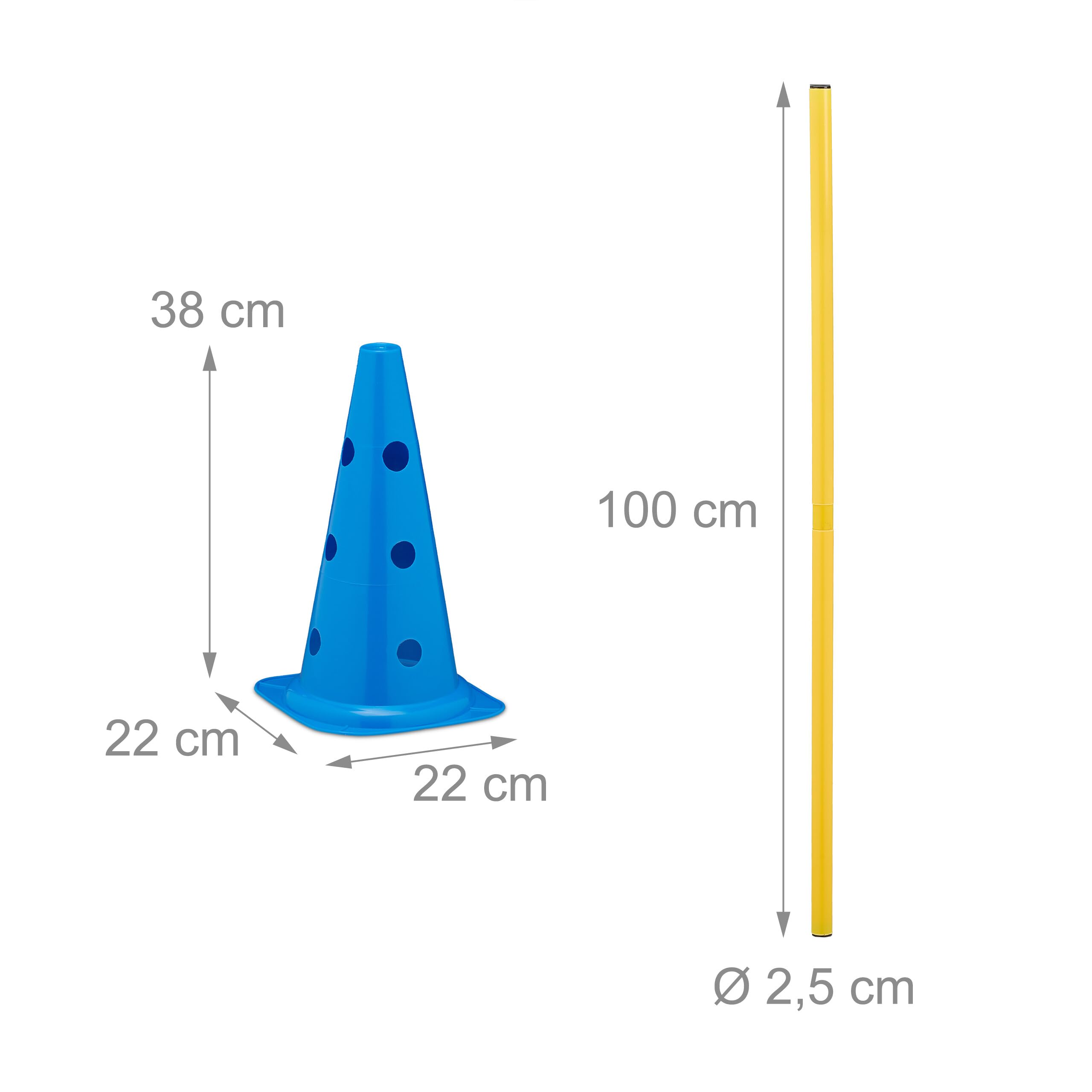Relaxdays Set de 12 cônes et 6 Barres, 18 pièces pour l’Agility ou Le Football, Obstacles Chien, Bleu et Jaune