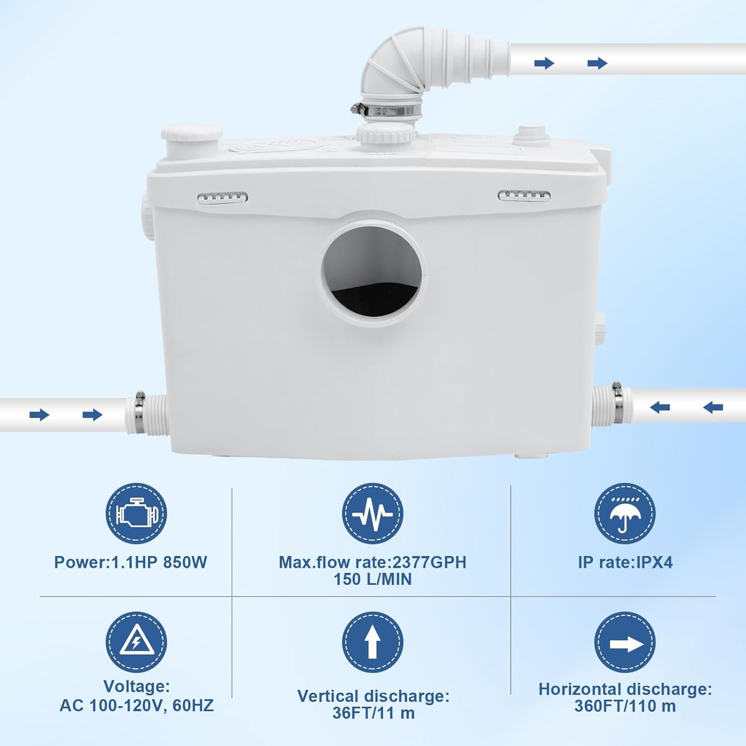 800W Macerator Pump for Upflush Toilet, Waste Water Disposal Pump Toilet Sink Shower Laundry Kitchen Basement