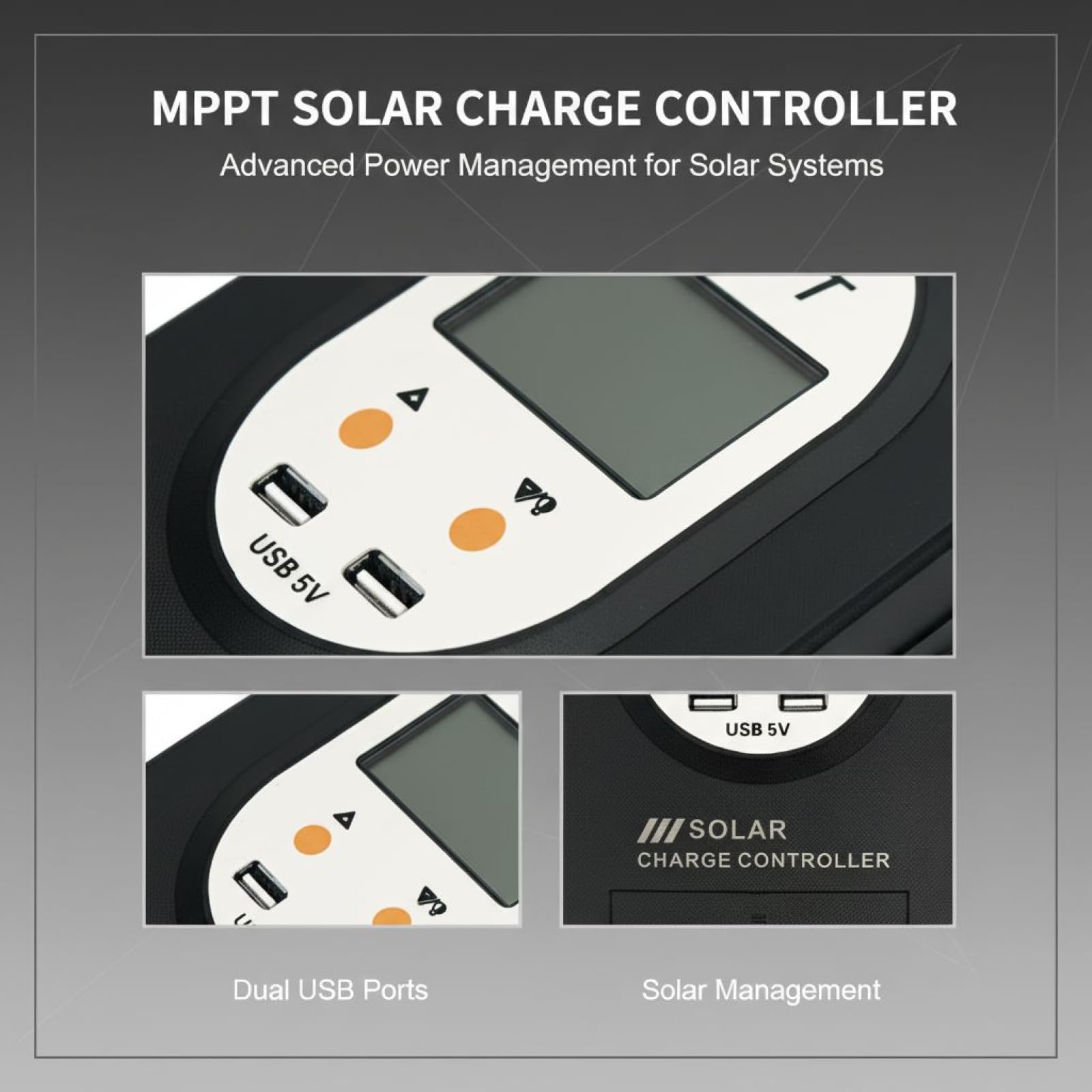 Controlador de carga solar, 10-60 A automático 12 V/24 V, 98% de eficiencia, regulador de carga de pantalla LCD, salida USB dual de 5 V para carga de batería de panel solar