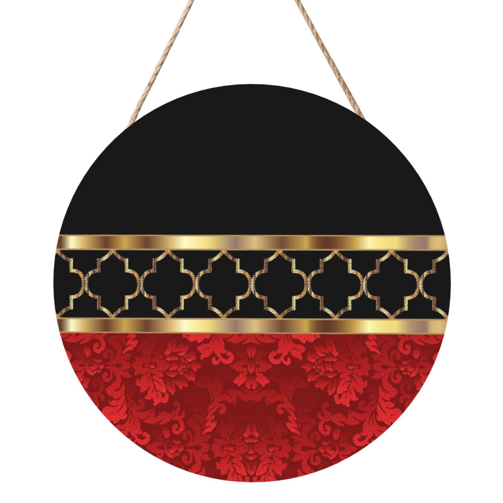 InOmak Elegant Red Black & Gold Quatrefoil Pattern, Round Wood Panel Painting 12 in, Wall Hanging Painting For Home