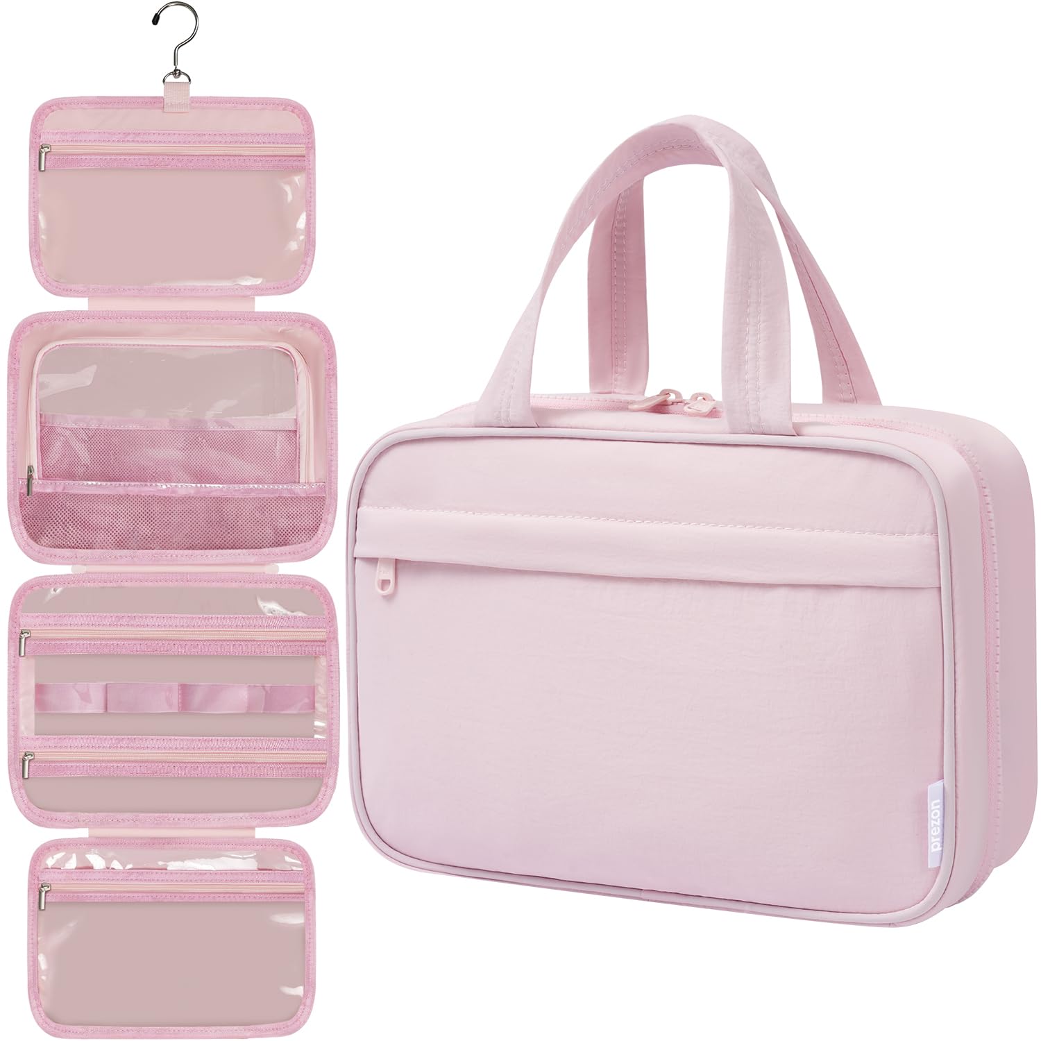 prezon Toiletry Bag for Women, Portable Hanging Organizer, 4 Leakproof Compartments for Full-Sized Conditioners, Brush Sets, Makeup Accessories,