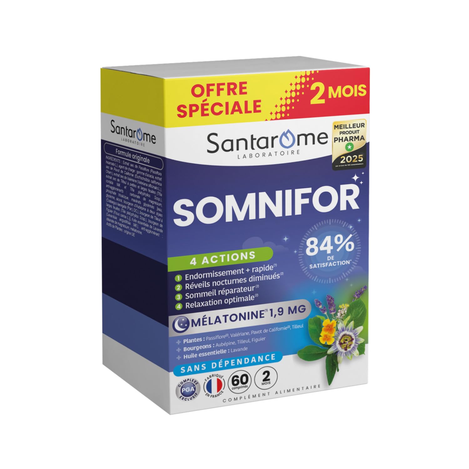 Santarome - Somnifor 4 actions - Complément alimentaire - Mélatonine 1,9 mg, Plantes - Sommeil réparateur - Format 2 mois - Made In France