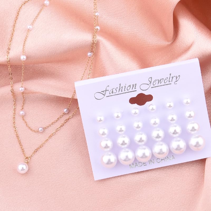 Image of Pearl Earring Stud Pearl Necklace Choker for Bride Wedding Earring Necklace