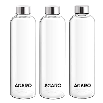 AGARO Elite Borosilicate Glass Water Bottles, Pack of 3, 1000ml Capacity Each, Microwave & Freezer Safe, Leak Proof & Airtight Lid, Scratch Resistant, Transparent. - image, photos