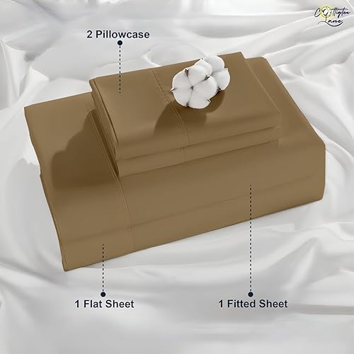 Miniatura 5 de Juego de sábanas de 4 piezas de algodón egipcio de alta calidad de 400 hilos, bolsillo profundo de 12 pulgadas, color gris pardo sólido