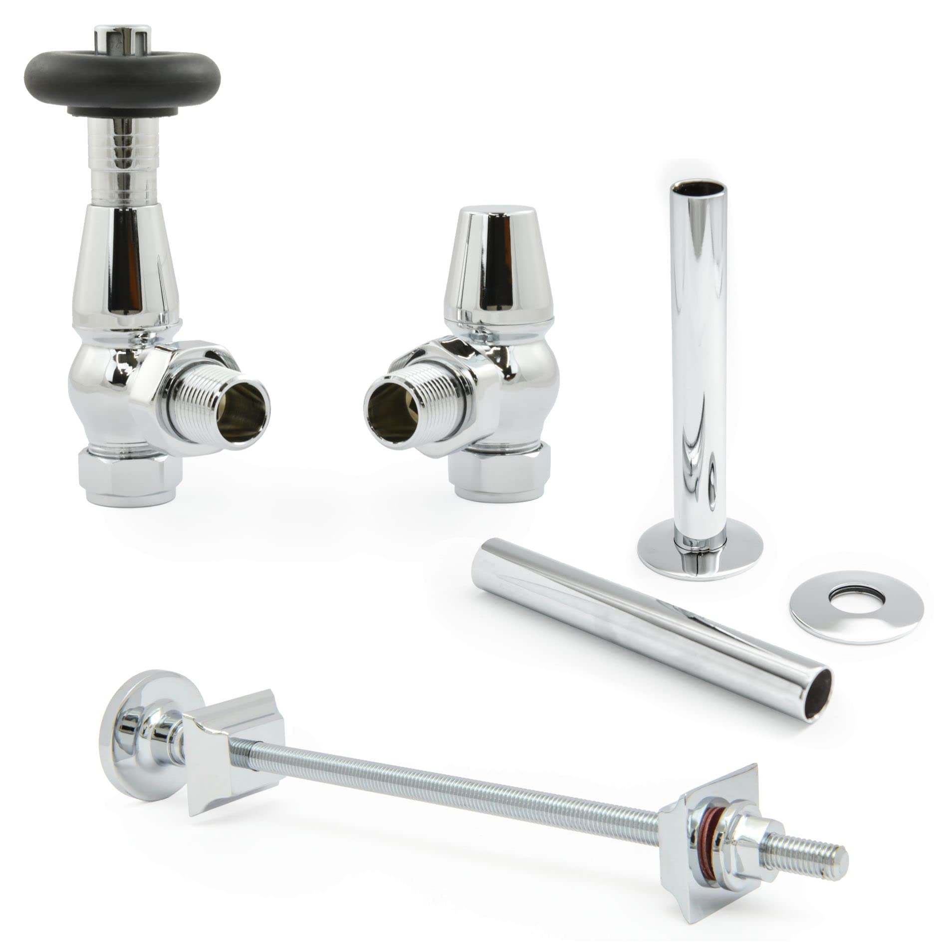 Hot Flow | Jordan Traditional Thermostatic Radiator Valve (Angled TRV) (Chrome with Wall Stay and Sleeve) โ image 1