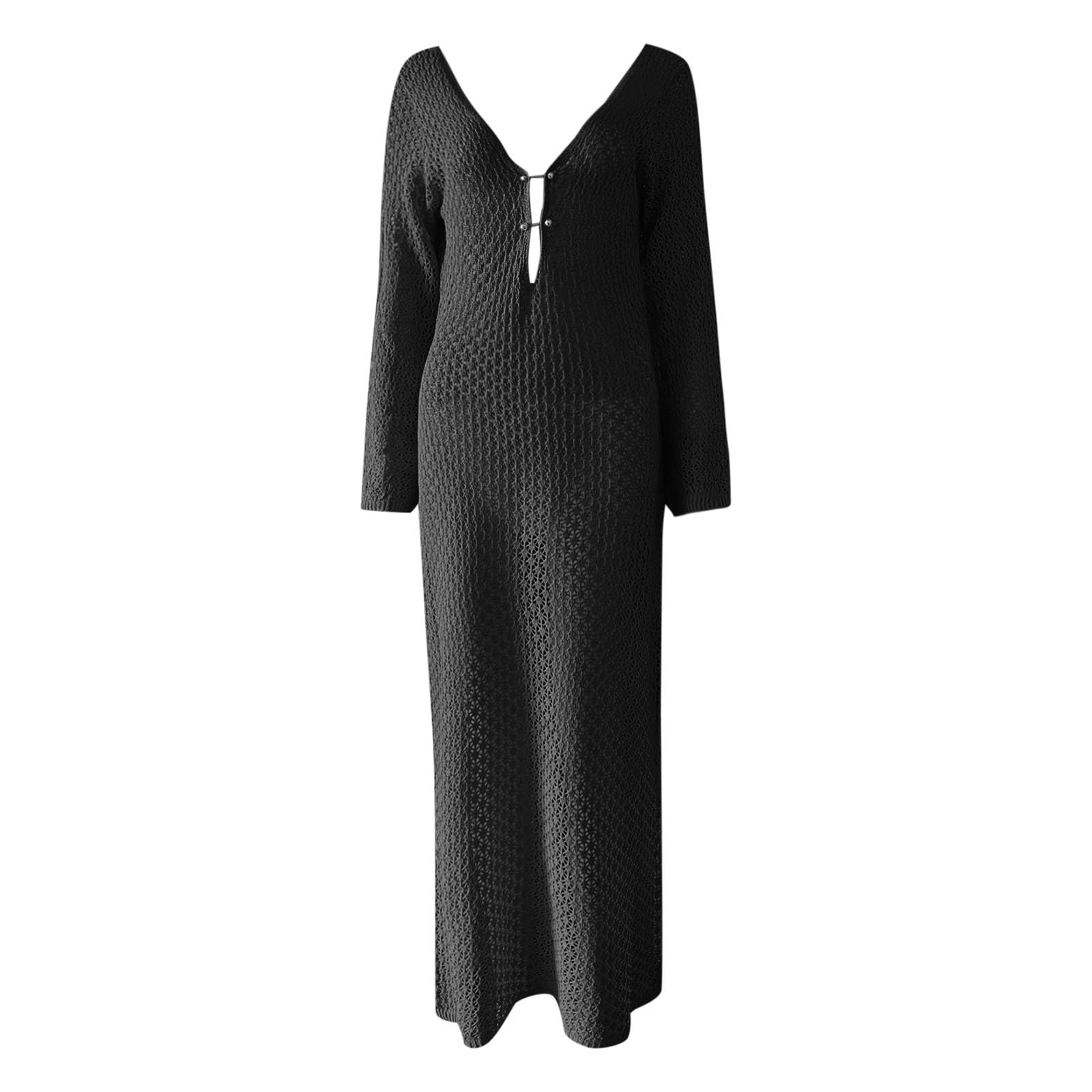 Maxi abito da donna all'uncinetto, da spiaggia, nuoto, vacanze, maniche lunghe, sexy, aderente, estivo, lavorato a maglia