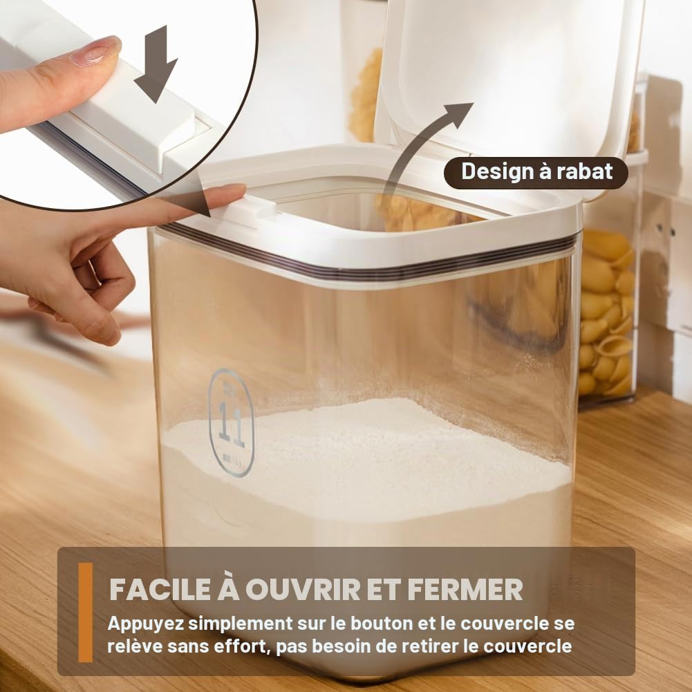 Contenant de Riz 10kg avec Tasse de Mesure, Couvercle Flip-top | Bocuse de Stockage de Farine 11Litres sans BPA, Boîte Hermétique pour le Stockage de Nourriture Sèche pour Cuisine