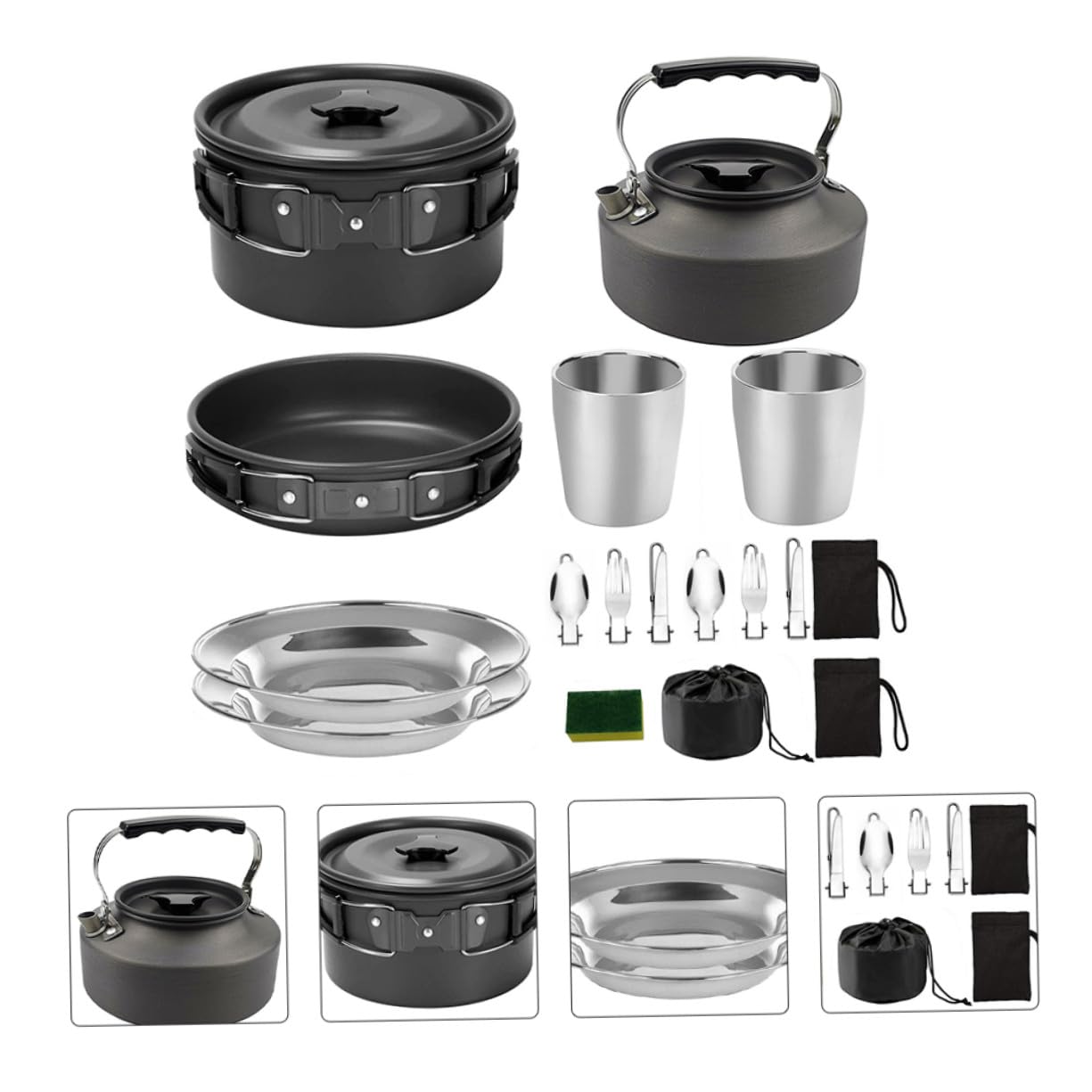BESPORTBLE Set de Cuisine de Camping Léger avec Casseroles Antiadhésives Poignée Pliante Silicone Résistant Corrosion pour Personnes Randonnée et Pique-
