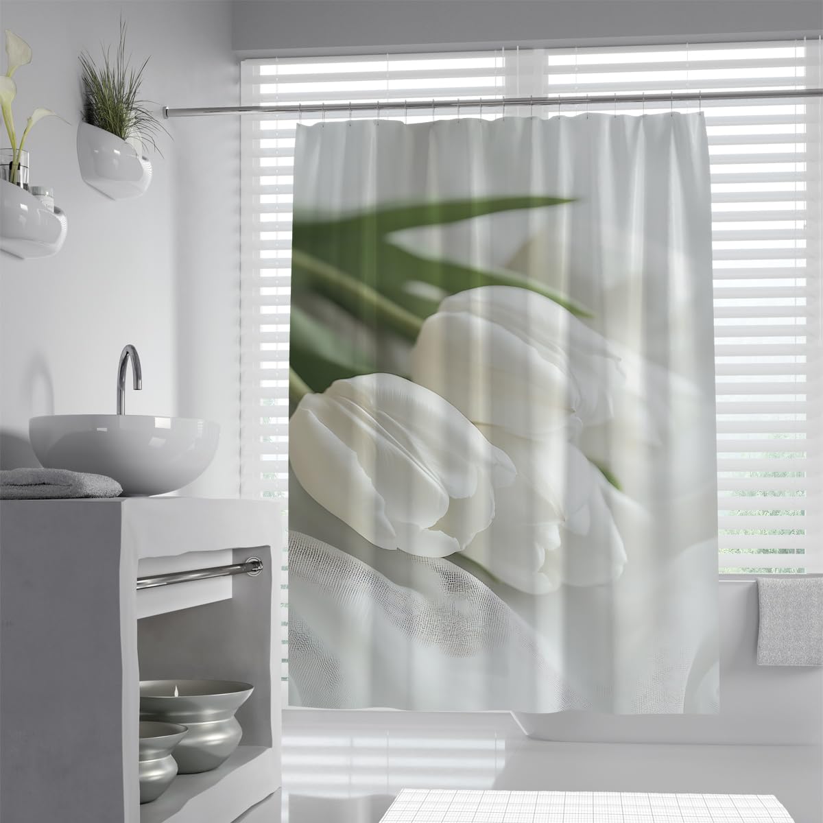 UIRINGART Elegant White Tulip Shower Curtain W200xL200cm Luxury Flower Green Leaf Pattern Anti Mould Quick Dry Bathroom Curtain Walk In Shower With Hooks