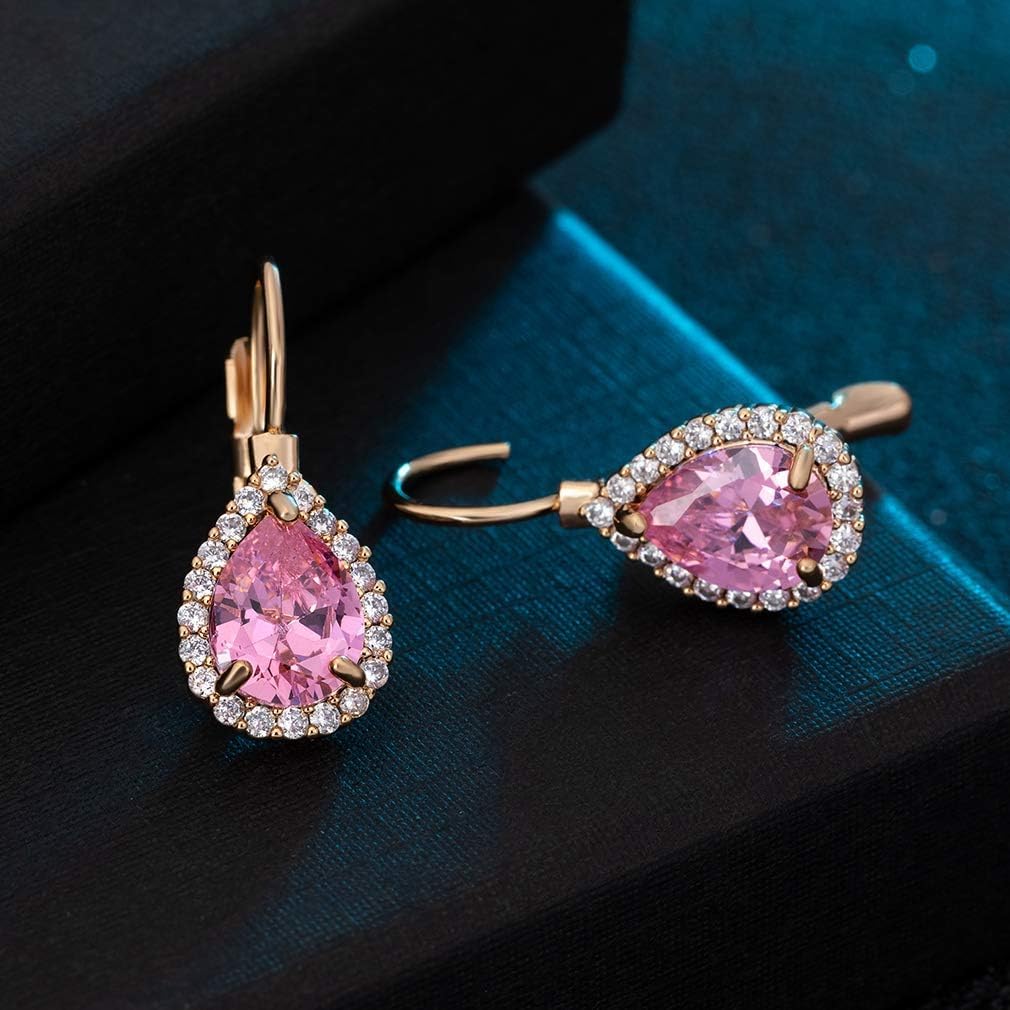 Austrian Crystal Halo Teardrop Leverback Drop Earrings for Women 14K Rose Gold Plated Hypoallergenic Jewelry - Image 3