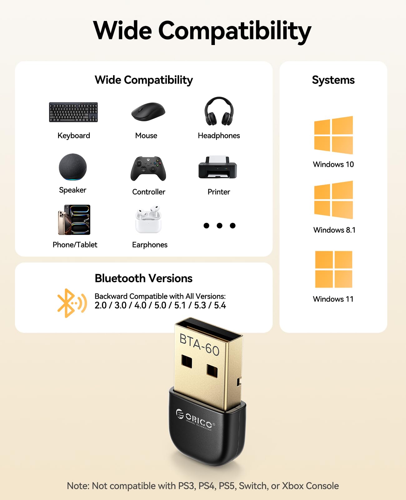 ORICO USB Bluetooth Adaptador – Alcance 30m, Velocidad 3Mbps, Dongle Bluetooth 6.0 EDR & BLE, Compatible Windows 8.1/10/11, para Auriculares, teclados, Ratones, Altavoces, impresoras (BTA-60)