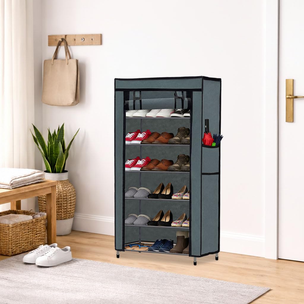 SANAMSTORE Multipurpose 6 Layer Metal Pipe With Non-Woven 100Gsm Fabric Cover Shoe/Cloth/Toy/Books Rack-Grey, 28X28X109 Cm-picture-11