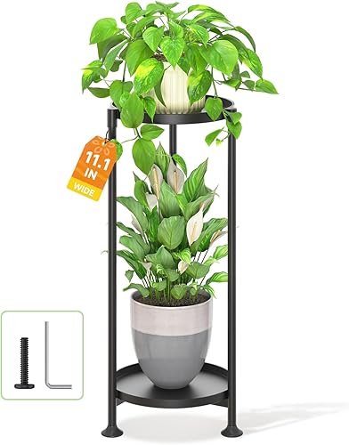 LASZOLA Soporte para plantas de 2 niveles negro para interiores para plantas grandes y altas, resistente, soporte para macetas de metal vertical de