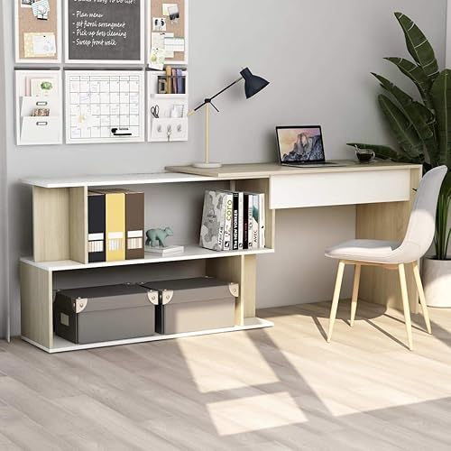 Escritorio esquinero para computadora portátil, mesa giratoria para computadora con estantes de almacenamiento y estantería, moderna estación de