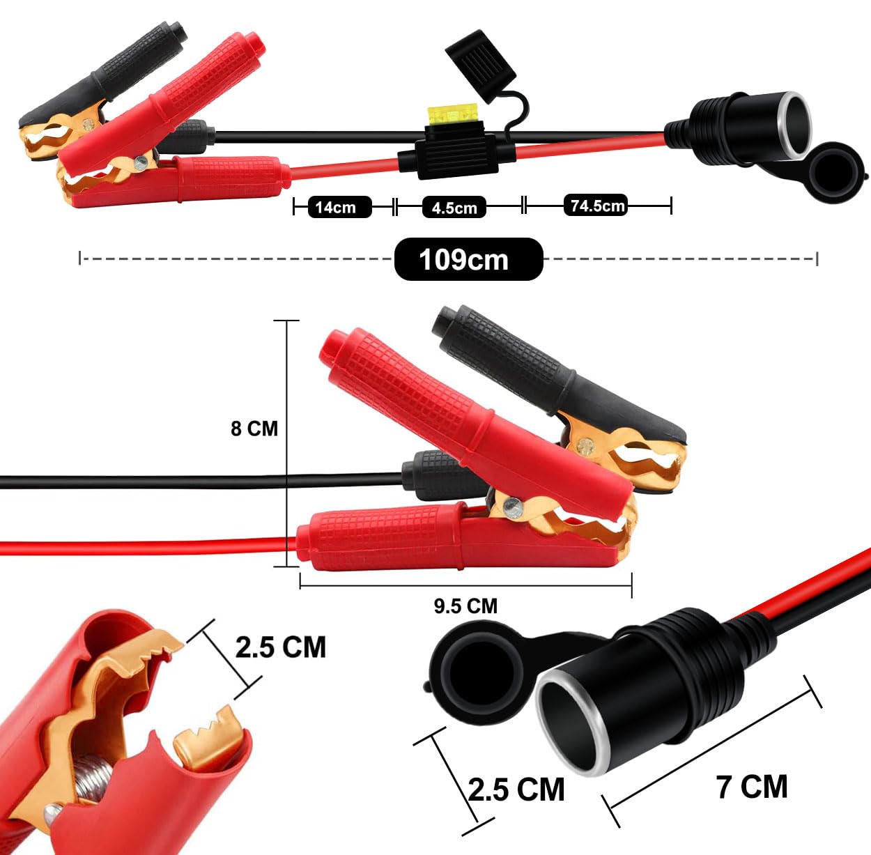 Adapter do Gniazda Zapalniczki Samochodow z Zaciskiem，14AWG 20A12/24V Adapter z Zapalniczki Samochodowej na Zacisk Krokodylowy z zabezpieczeniem do Samochodu, łodzi i Motocykla (1 m)