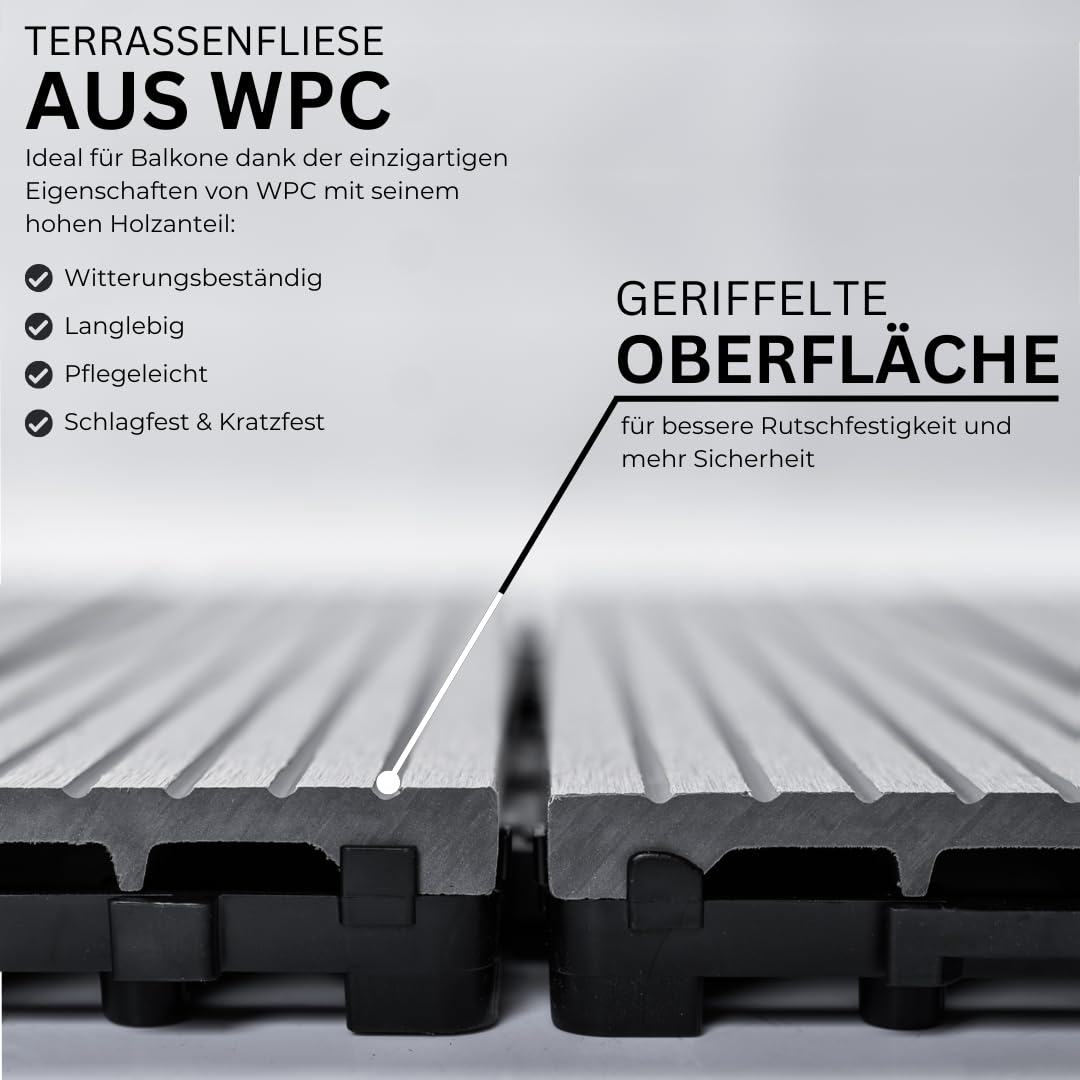 Mega Holz WPC Terrassenfliesen 2m², 30x30 cm Fliesen wetterfest, Bodenbelag für Balkon, Wintergarten und Terrassen Fliesen, Bodenfliesen mit Klicksystem, Farbton Grau, Größe: 2m² - 22 Fliesen