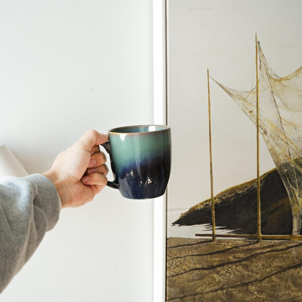 Bosmarlin Juego de 4 tazas de café de cerámica, 17 onzas, 3 colores para elegir, tazas de té, aptas para lavavajillas y microondas, esmalte reactivo... (17 onzas, verde pálido)