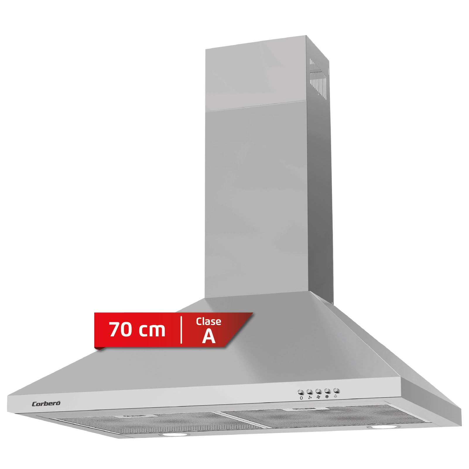 Corberó - Ozdobny dzwonek piramidowy Inox | 70 cm | KURAMATHI760X | Przepływ 621,71 m3/h | 165W | 3 prędkości | 2 filtry aluminiowe | Filtr węglowy | Efektywność energetyczna A, stal nierdzewna