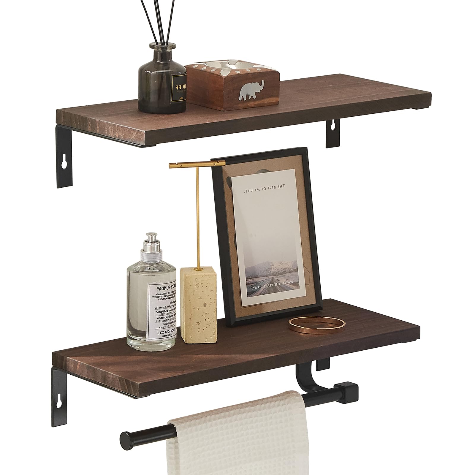 BESy Floating Shelves Wall Mounted Storage Shelves with Towel Rack Rails Bar, Paper Towel Holder with Shelf for Kitchen, Bathroom Tissue Roll Hanger, Without Metal Frame, Set of 2 Brown