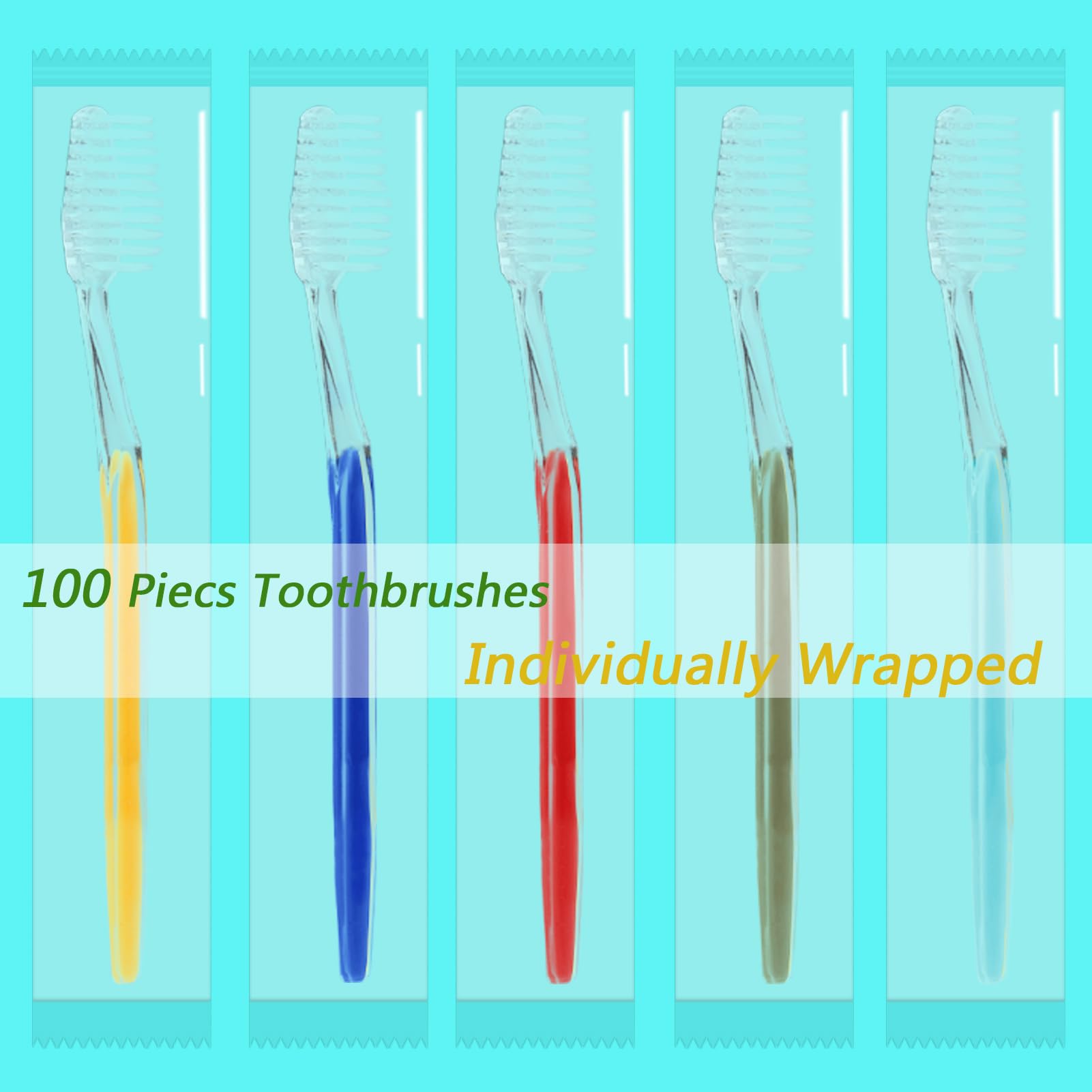 Homvle 100 spazzolini da denti usa e getta, confezionati singolarmente, spazzolini da denti da viaggio a setole morbide per adulti e bambini, articoli da toeletta per hotel, 5 colori.