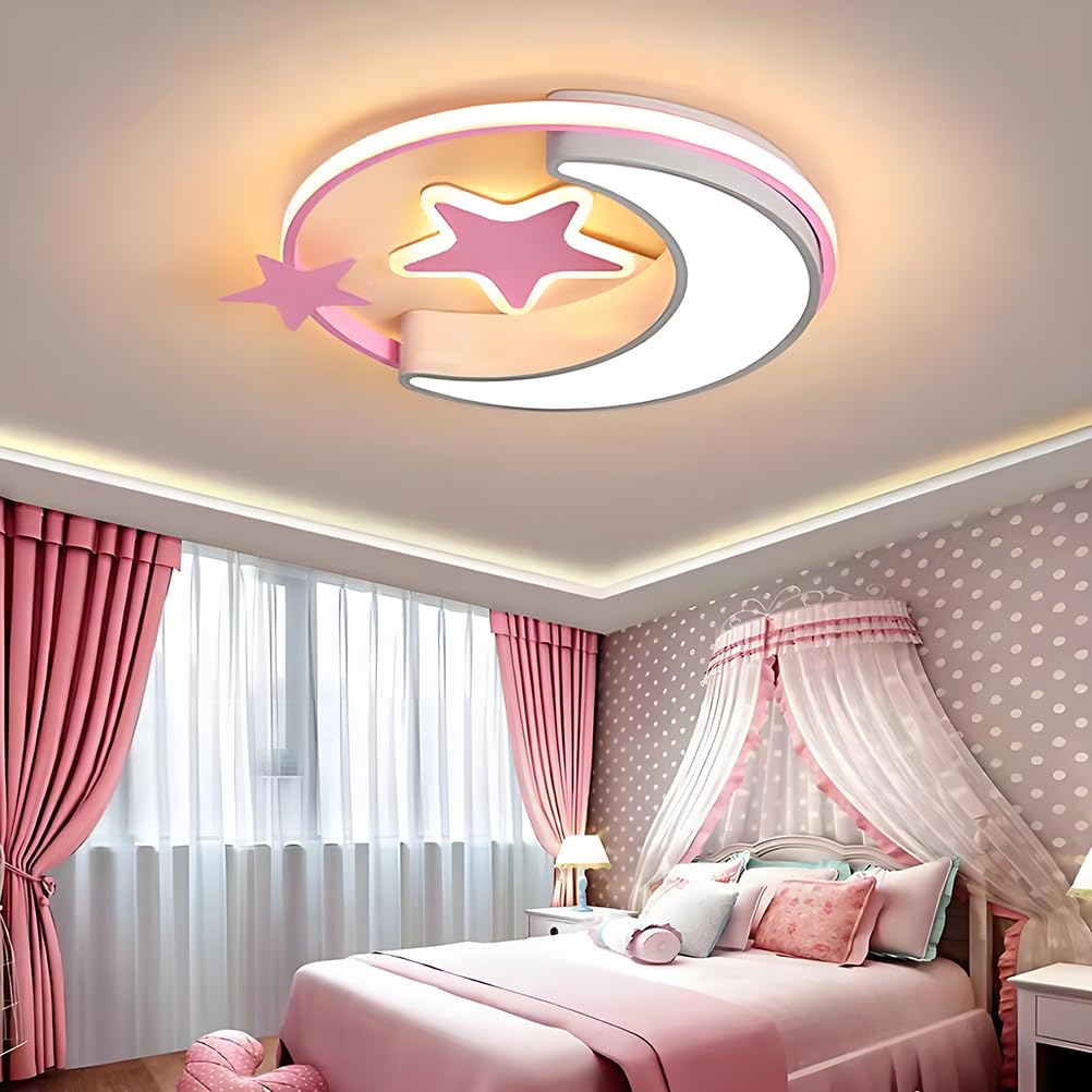 AoLa Lampa sufitowa pokoju dziecięcego ściemnialna za pomocą pilota wzór gwiazdy i księżyca okrągła nowoczesny i kreatywny design dla chłopców i dziewczynek dekoracja pokoju 3000K-6000K,Pink