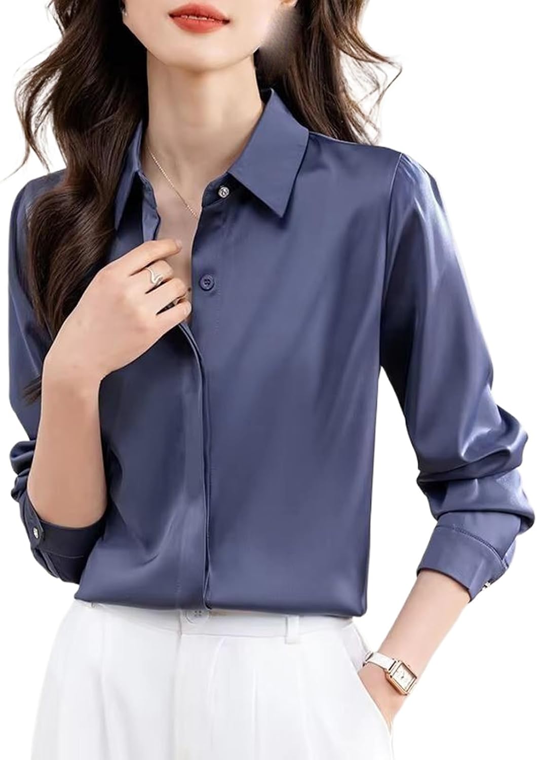 Women's Autumn Shirt Satin Blouse Long Sleeve Silk White Shirt Solid Blouse Elegant Top