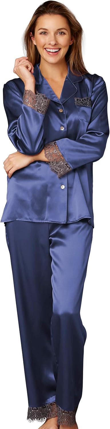 Julianna Rae 100% Silk Pajama, Lace Trim, Drawstring Waist, Relaxed Fit, Sleep-In
